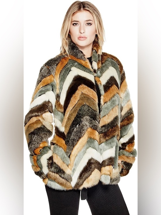 Guess Jackets & Blazers - Guess Multi-Color Chevron Faux Fur Jacket